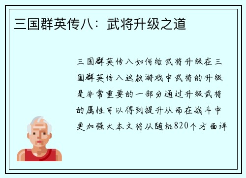 三国群英传八：武将升级之道